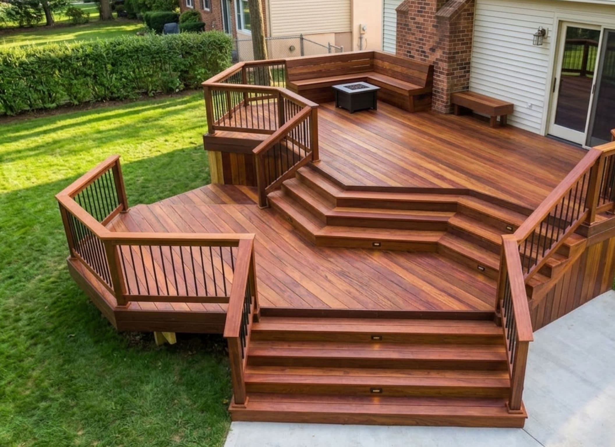 Multi-level wood deck with stairs, railings and built-in benches behind a house