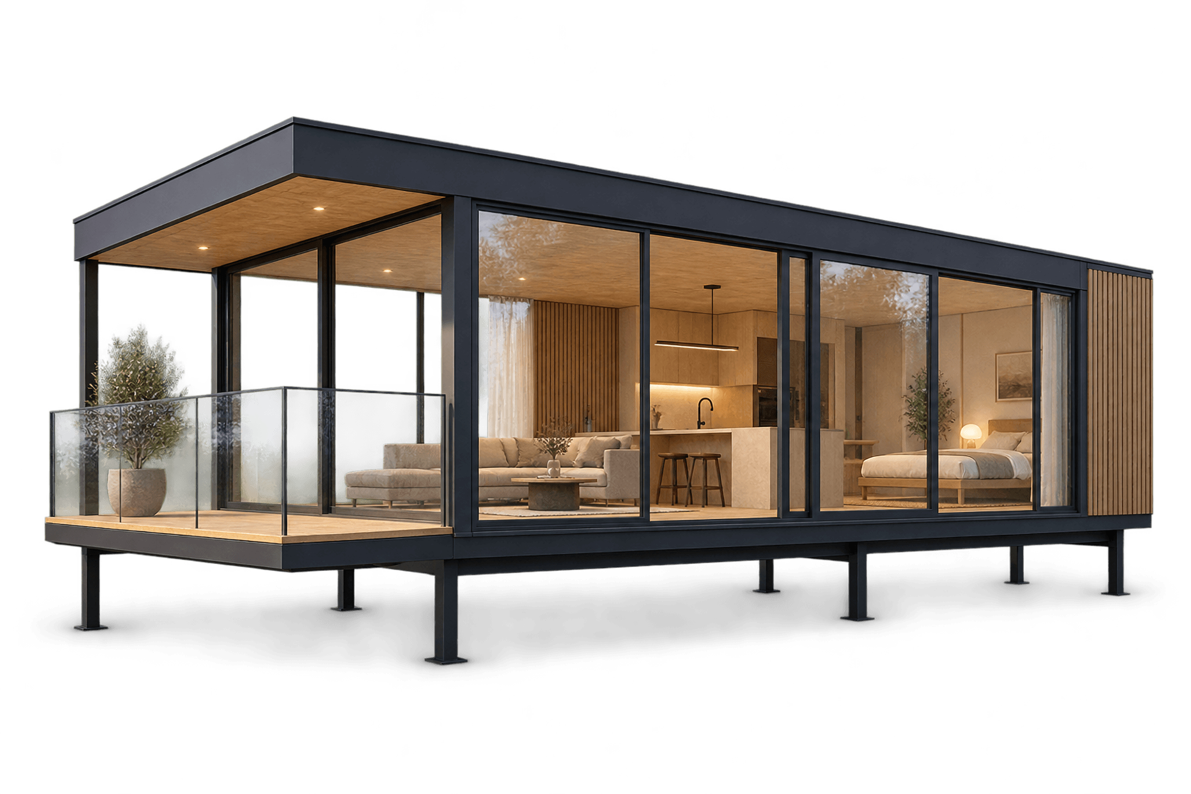 Modern glass-front house with a wood deck and warm interior lights